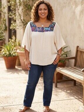 Tanzara Lightweight Flowy Gauzy Top With Embroidery Around Neckline